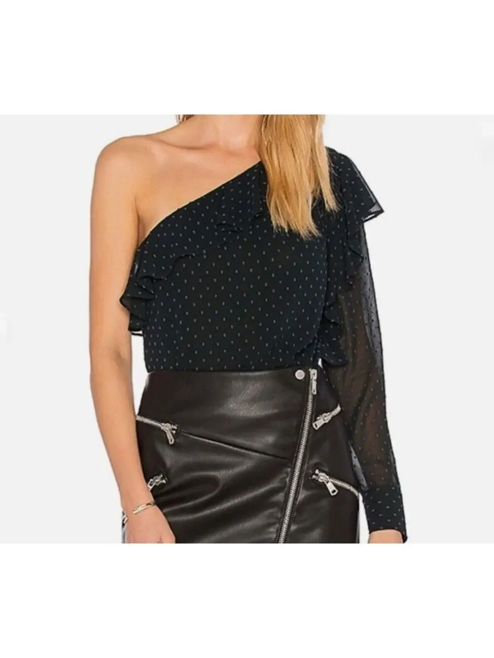 NWT Avec Les Filles Black Blue Polka Dot One Shoulder Ruffle Blouse Small Sheer